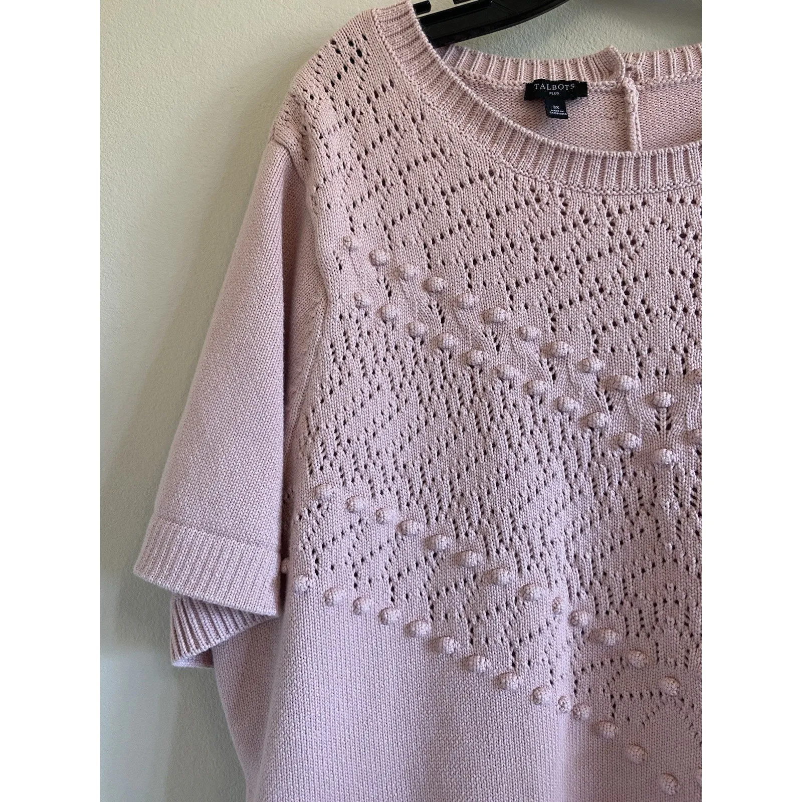 Talbots‎ Plus Pink Granny Boxy Pullover Ribbed Dot Knit Cutout Sweater Womens 3X - Image 4