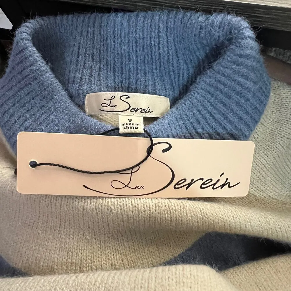 Les Serein SMALL Striped Chest Ribbed Detail High Neck Raglan Sleeve Sweater Blue - Image 6