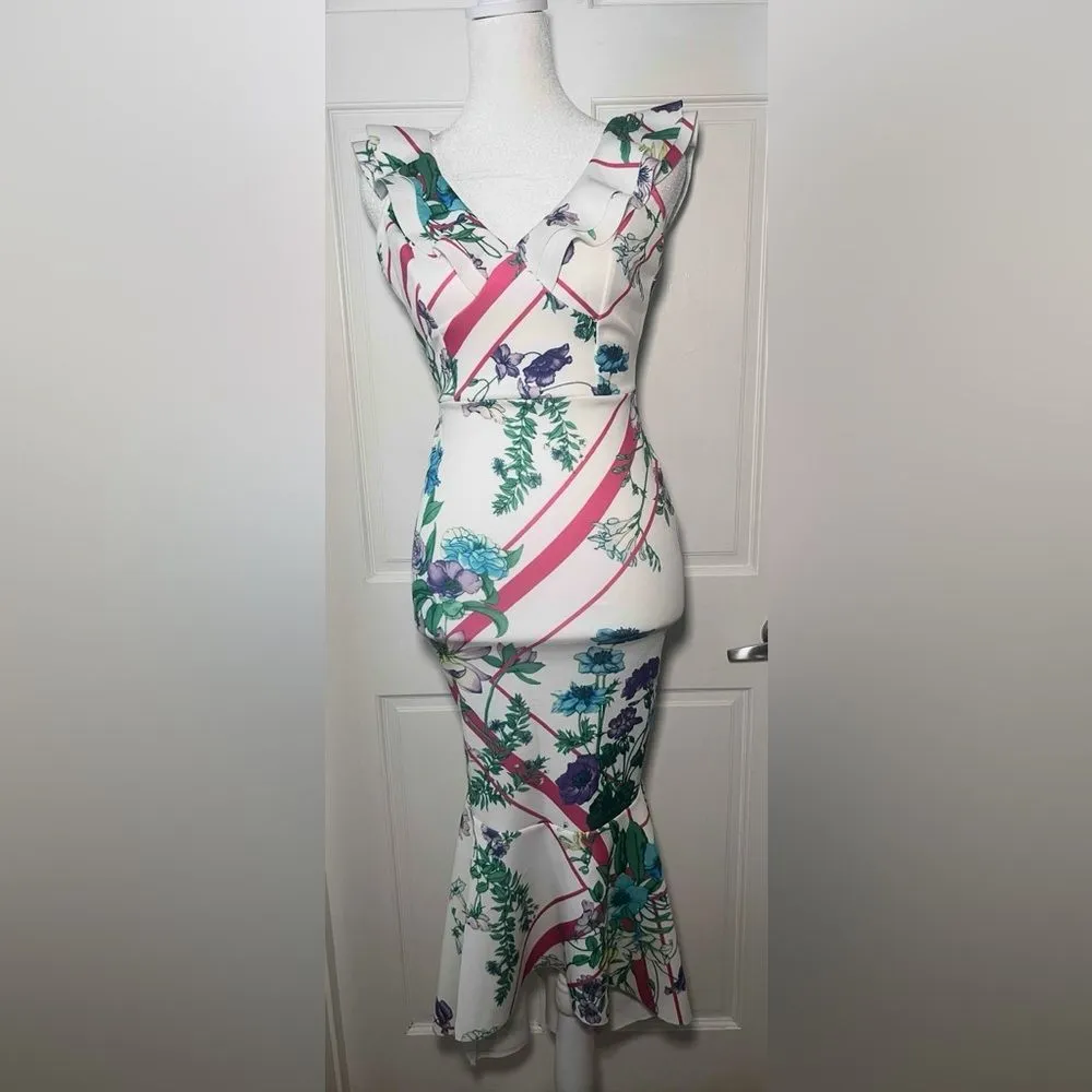 ASOS Floral Scuba Midi Dress Ruffle Mermaid Size 0 - Image 8