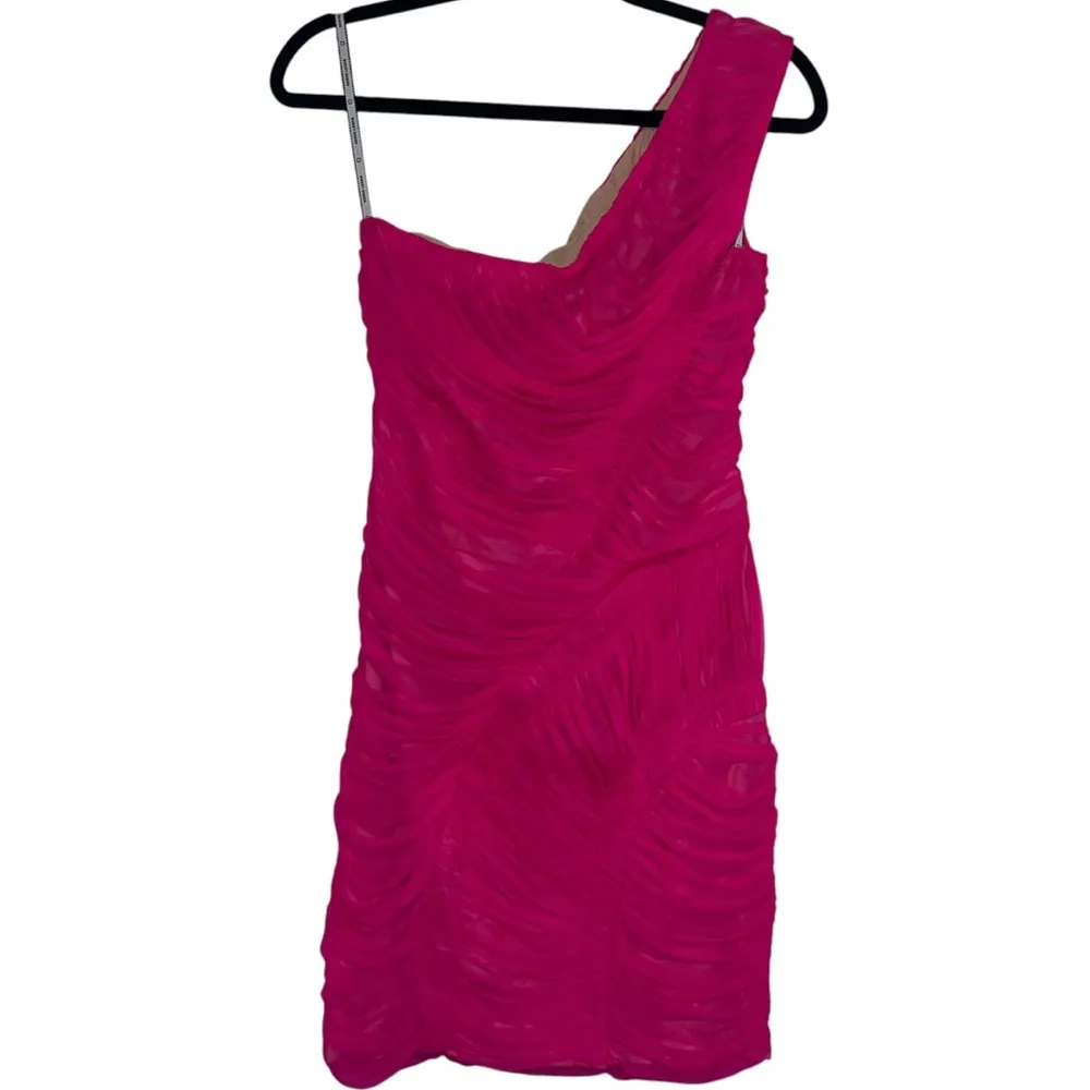 NEW NWT Herve Leger One Shoulder Draped Jersey Mini Dress In Neon Pink - Image 6