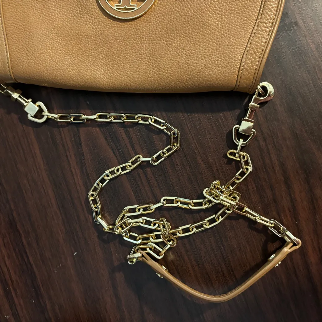 Tory Burch Clutch Chain Linked Leather Shoulder Bag‎ Crossbody Tan & Gold - Image 7