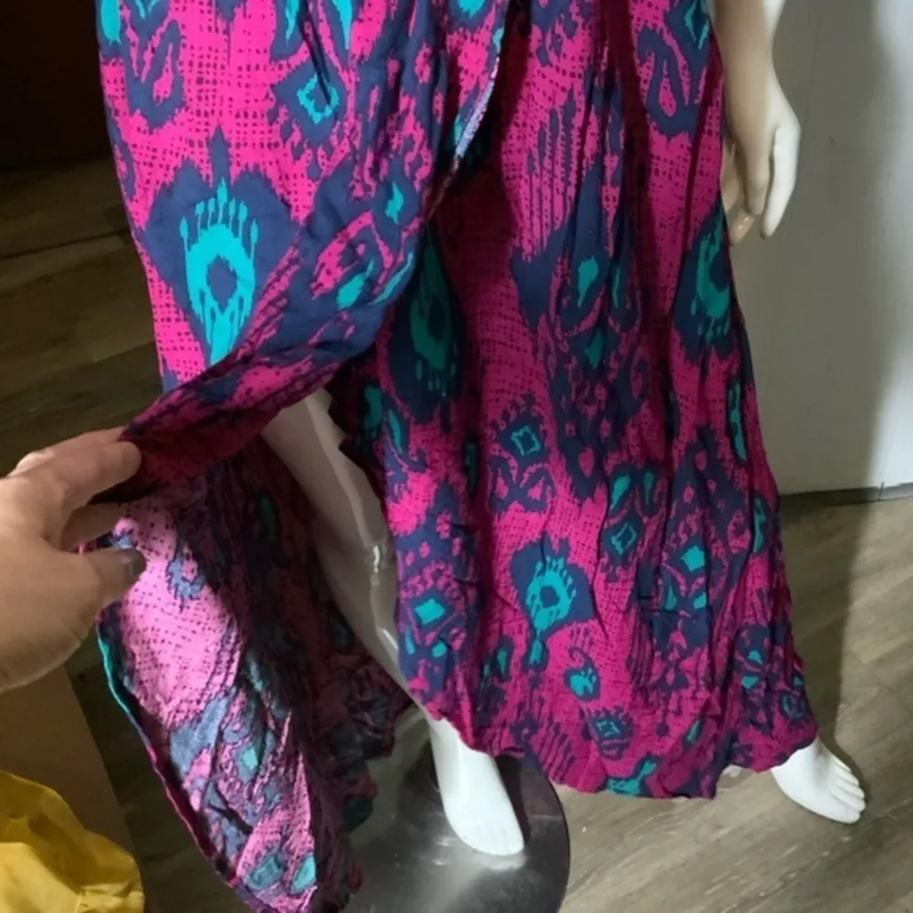 Vintage maxi sundress‎ cap shoulder shirred  top printed Ikat dress large boho - Image 3