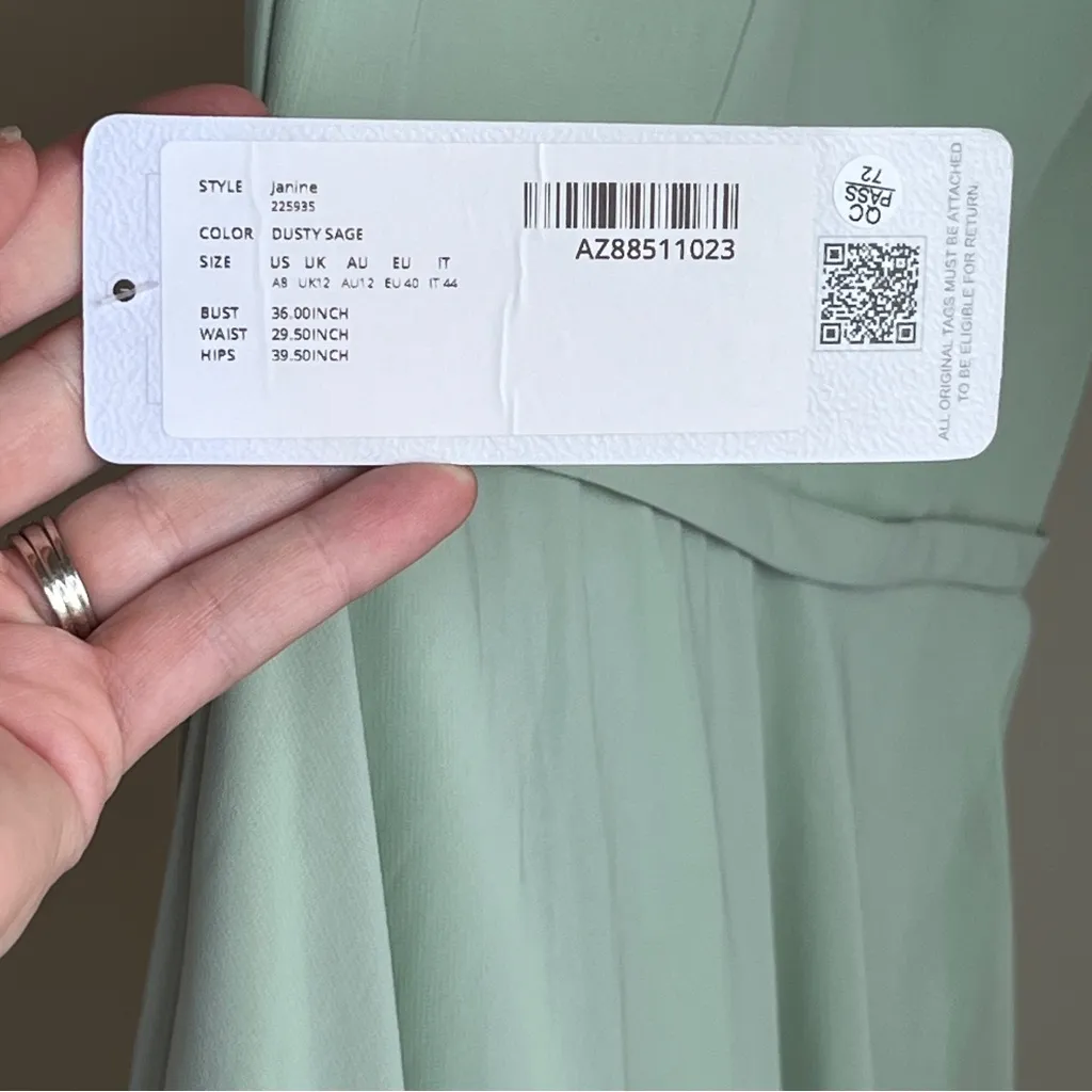 NWT Azazie Janine Bridesmaid Dress Size A6 Dusty Sage Green V Neck Chiffon Gown - Image 7