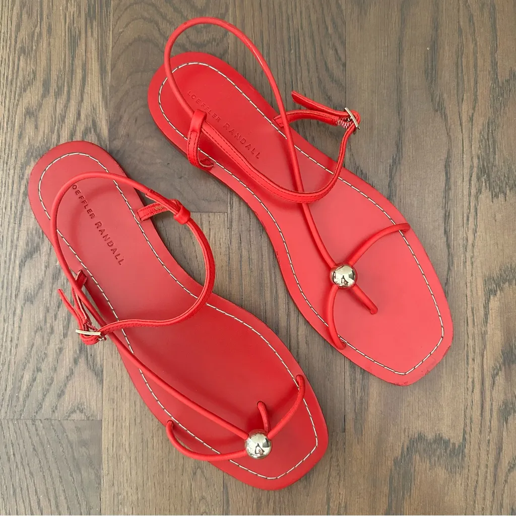 EUC Loeffler Randall Lara Flat Buckle Leather Sandal in Red and Gold Size 10 B - Image 6