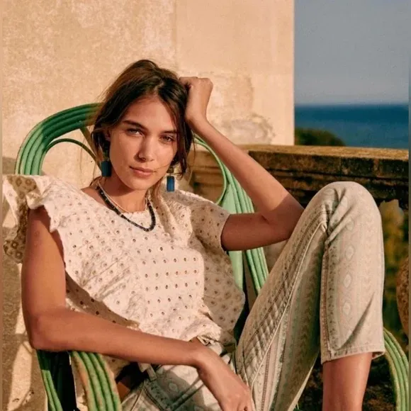 NEW Sezane Forta Blouse in Ecru Beige Womens 2 Cotton Ruffle Embroidered - Image 3