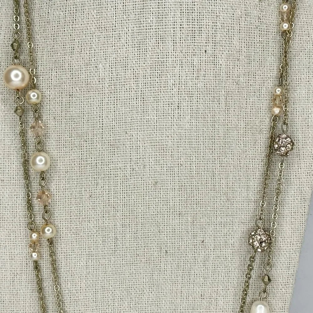 Chico's  Rhinestone and Faux Pearl Beaded Long Gold Tone Necklace - Image 3