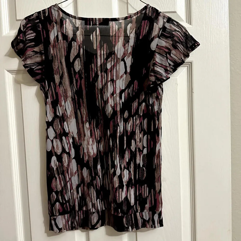 Y2K The Limited Women's Patterned Nylon Mesh T Shirt Top sz S Small Ruffled Neck - Image 5