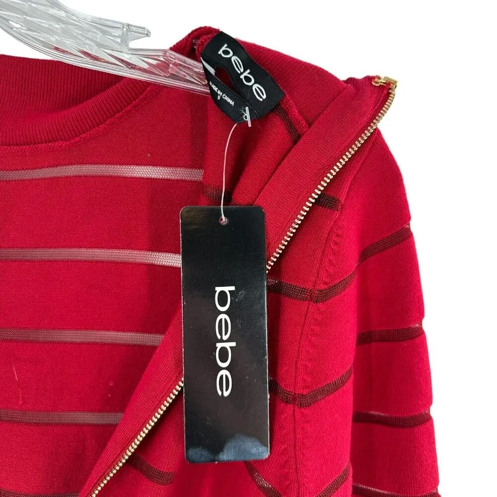 NEW Bebe Goji Berry Red Sheer Stripe Sweater Dress Sheath Bodycon Size Small - Image 9