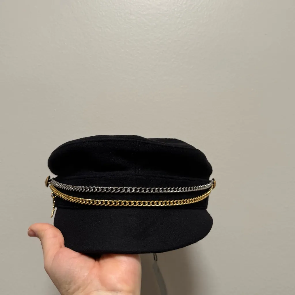 Zadig & Voltaire black chain mixed metal charm newsboy cap baker boy hat wool - Image 3