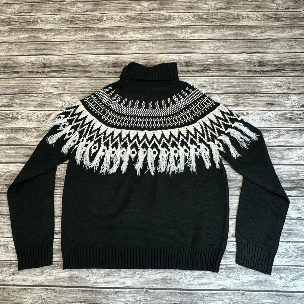 CATO Women Fair Isle Sweater Tassels Black White M Med Medium Raglan Long Sleeve - Image 4