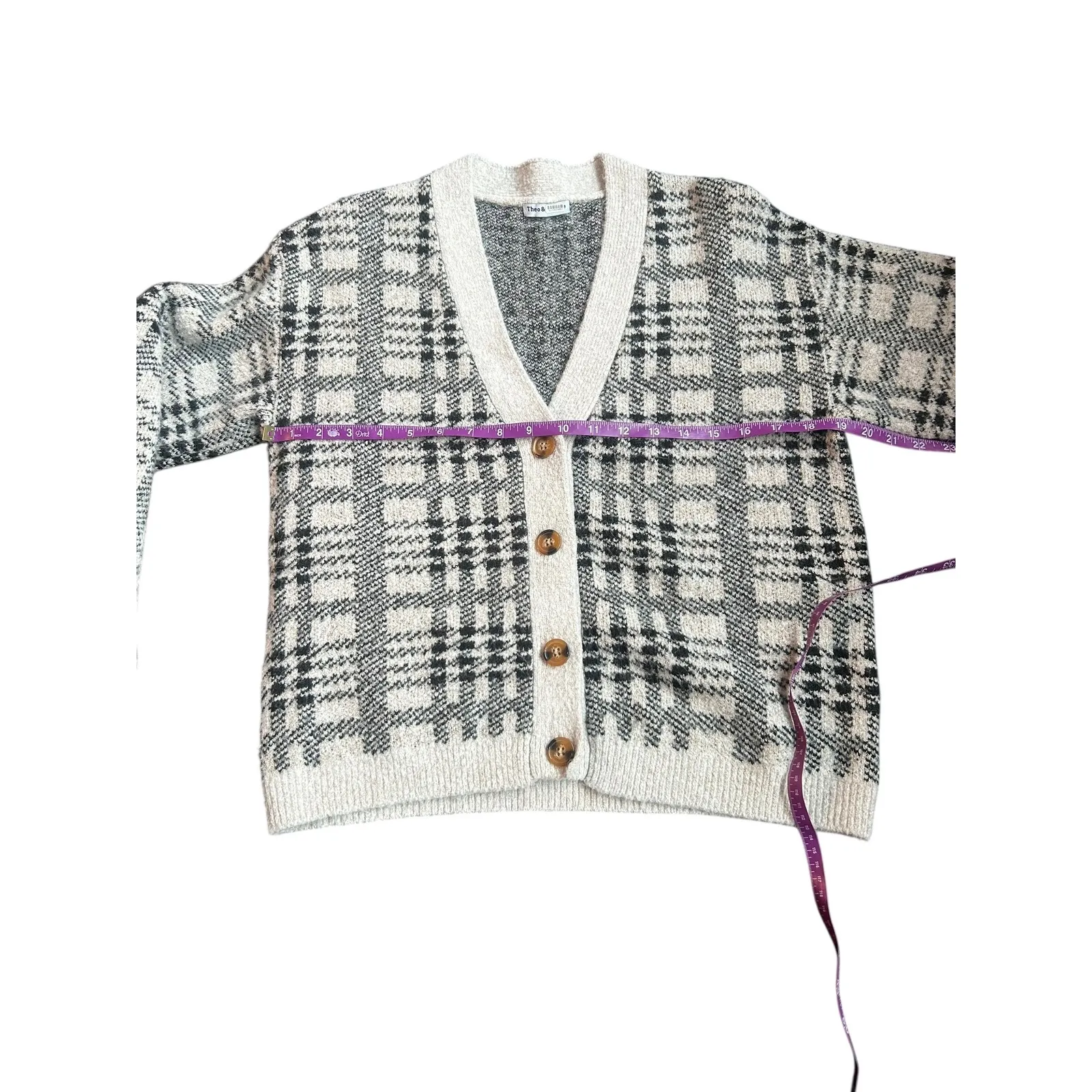 Theo & Spence Plaid Grandpa Cardigan Knit Sweater Women's Beige Black Size Large Tan - Image 7