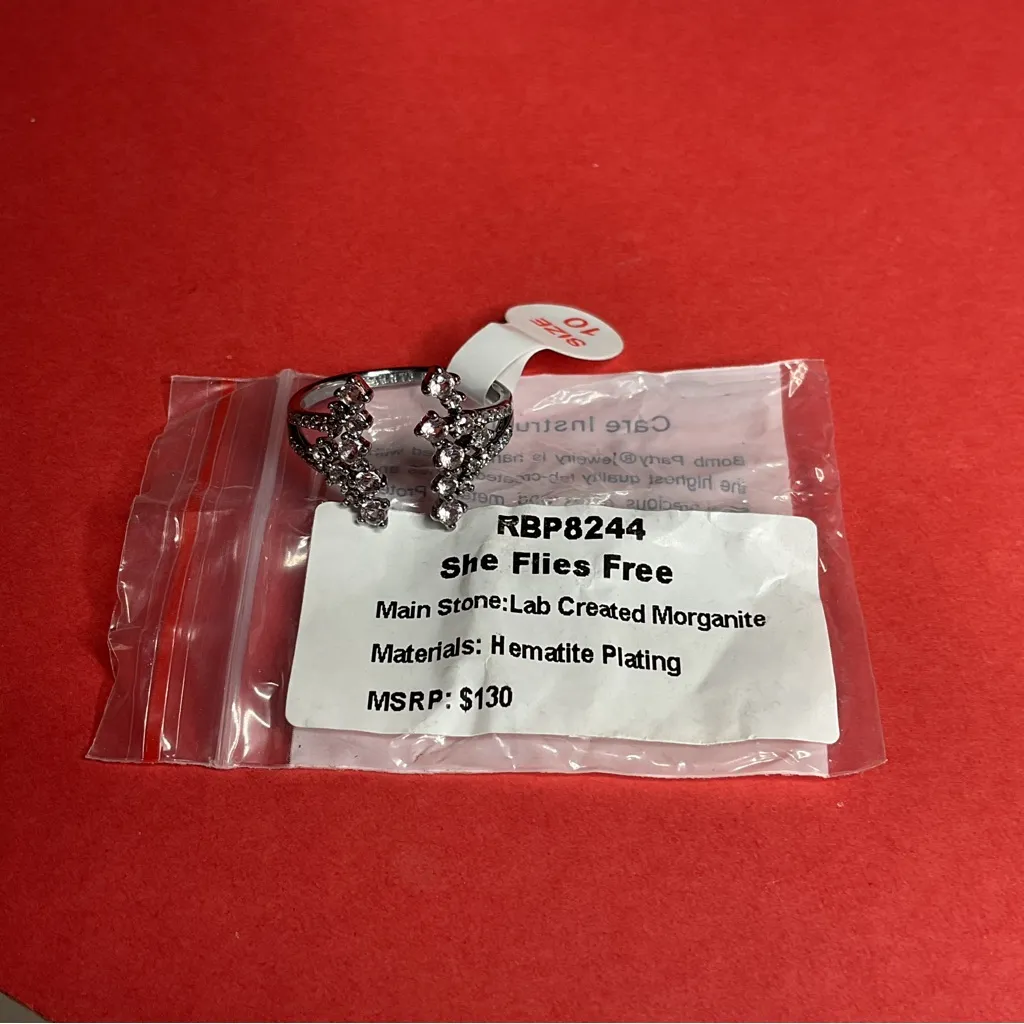 Bomb Party RBP8244 “She Flies Free” LC Morganite on Hematite Size 10 Ring NWT Silver - Image 5