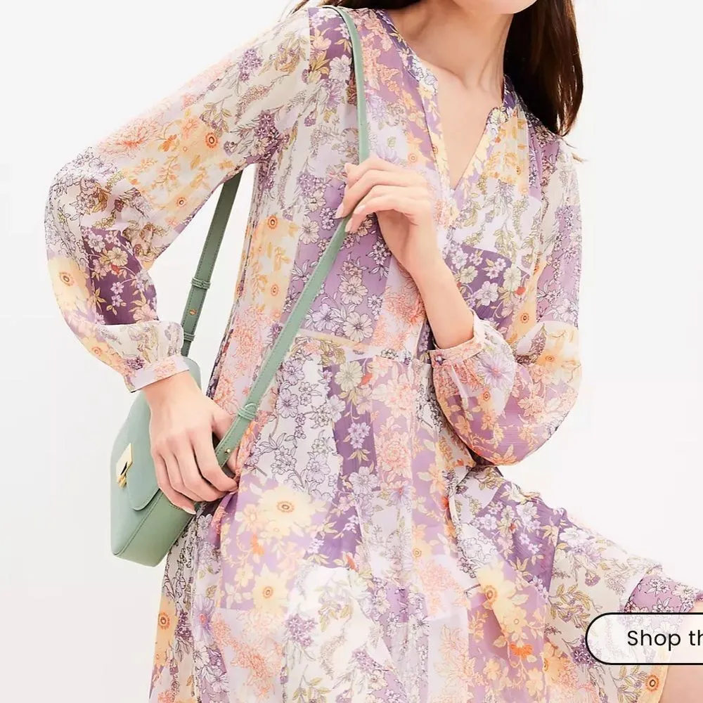 Loft Floral Godet Split Neck Swing Dress size M - Image 2