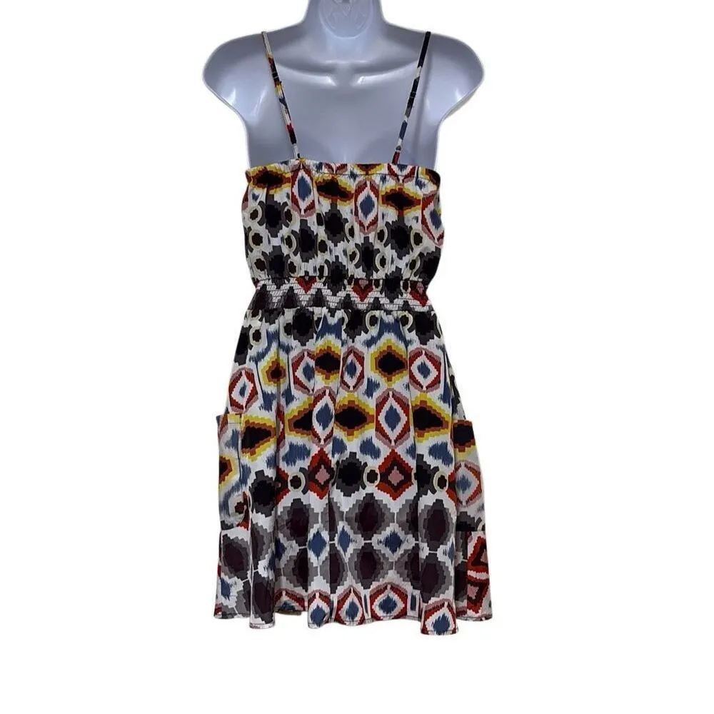 Xhiliration Medium Southwestern Aztec Print Red Blue Yellow Mini Dress Pockets - Image 2