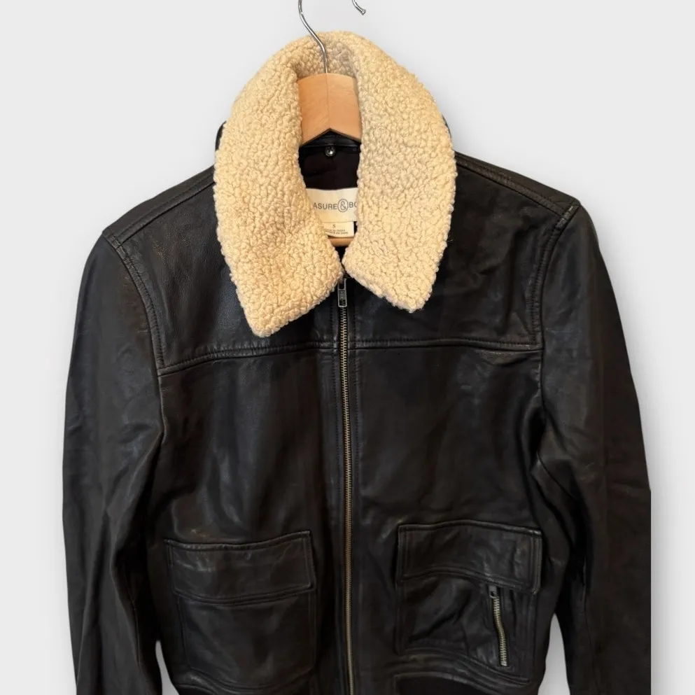 Treasure & Bond Leather Bomber Jacket with Removable Faux Shearling Trim Small - Image 9