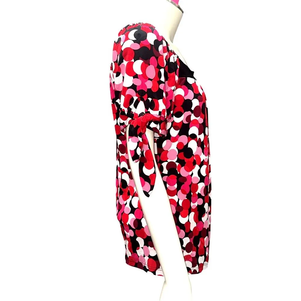 AGB Medium Multicolor Made In USA Blouse Bubble Circle Print Tie Flowey Sleeves Red - Image 8