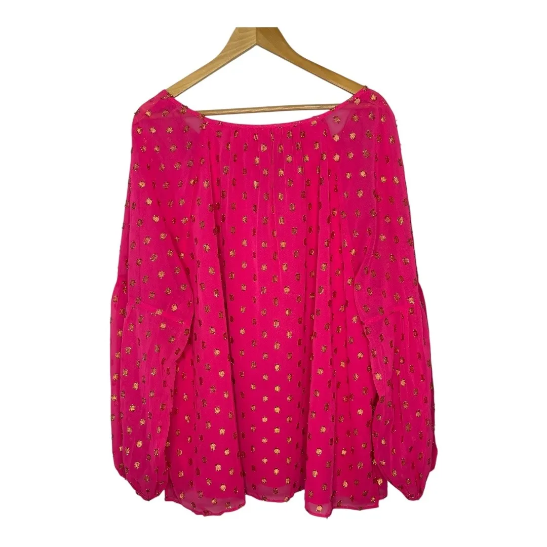 Crown & Ivy Pink Fuchsia Peasant Top Gold Foil‎ Dots Women Plus Size 3X - Image 4