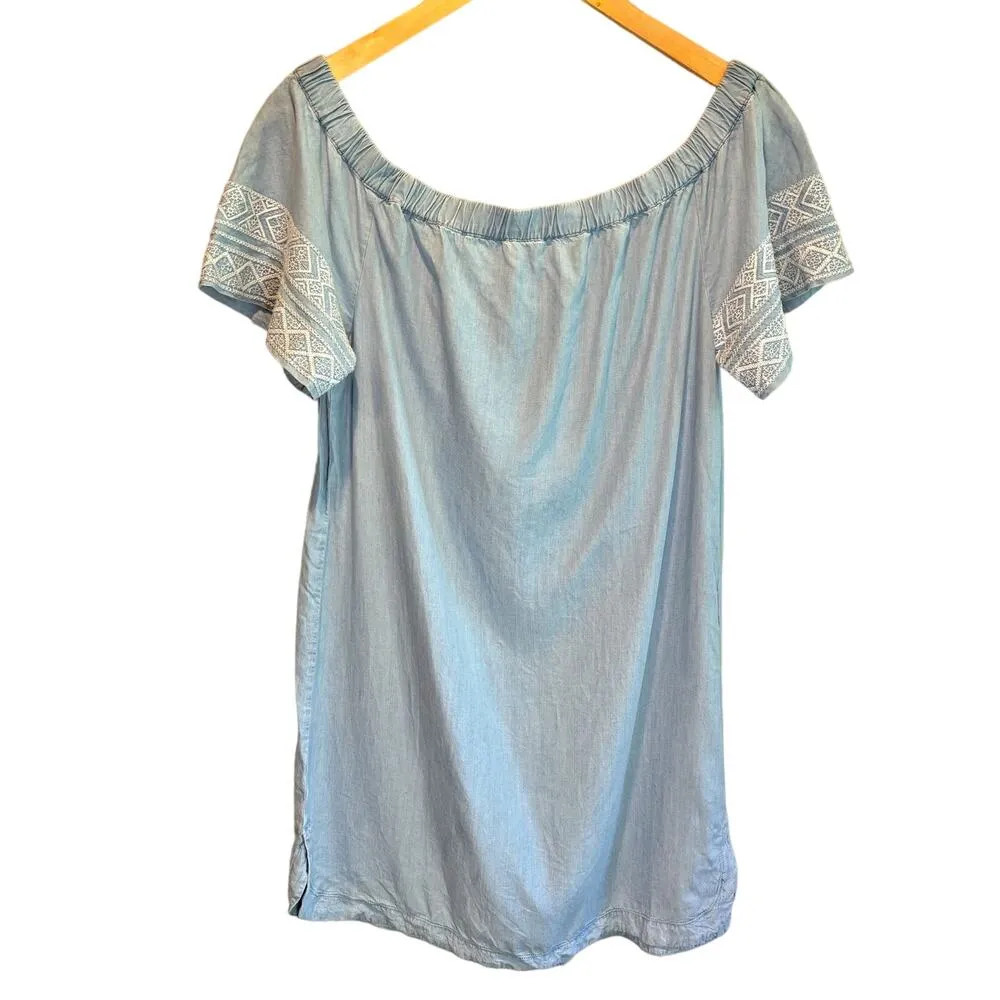 Athleta Riviera Off the Shoulder Embroidered Sleeve Chambray Dress - size Medium - Image 2