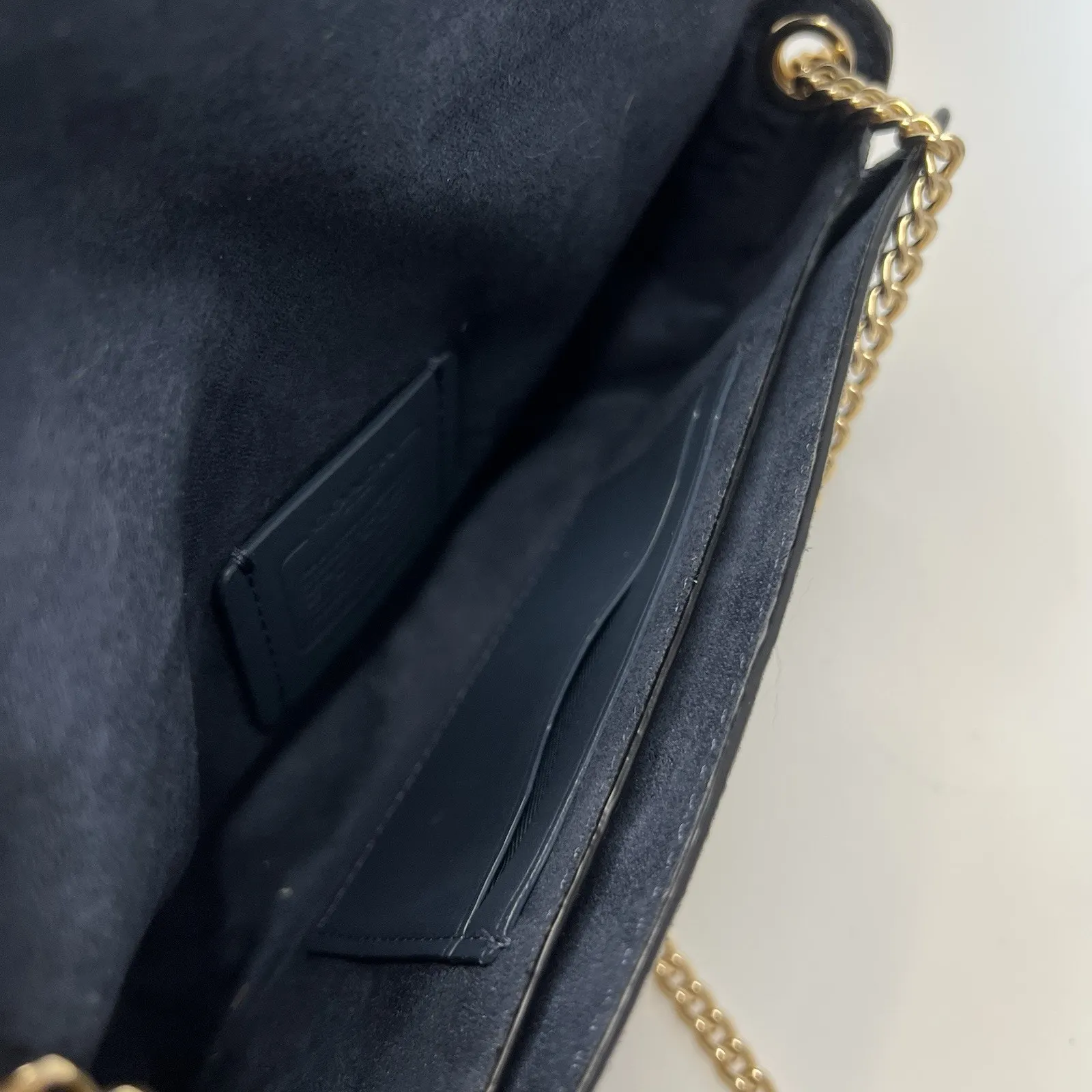 Coach Kleo Crossbody Navy Blue Suede Denim Leather Chain Gold Strap Mini Purse - Image 10