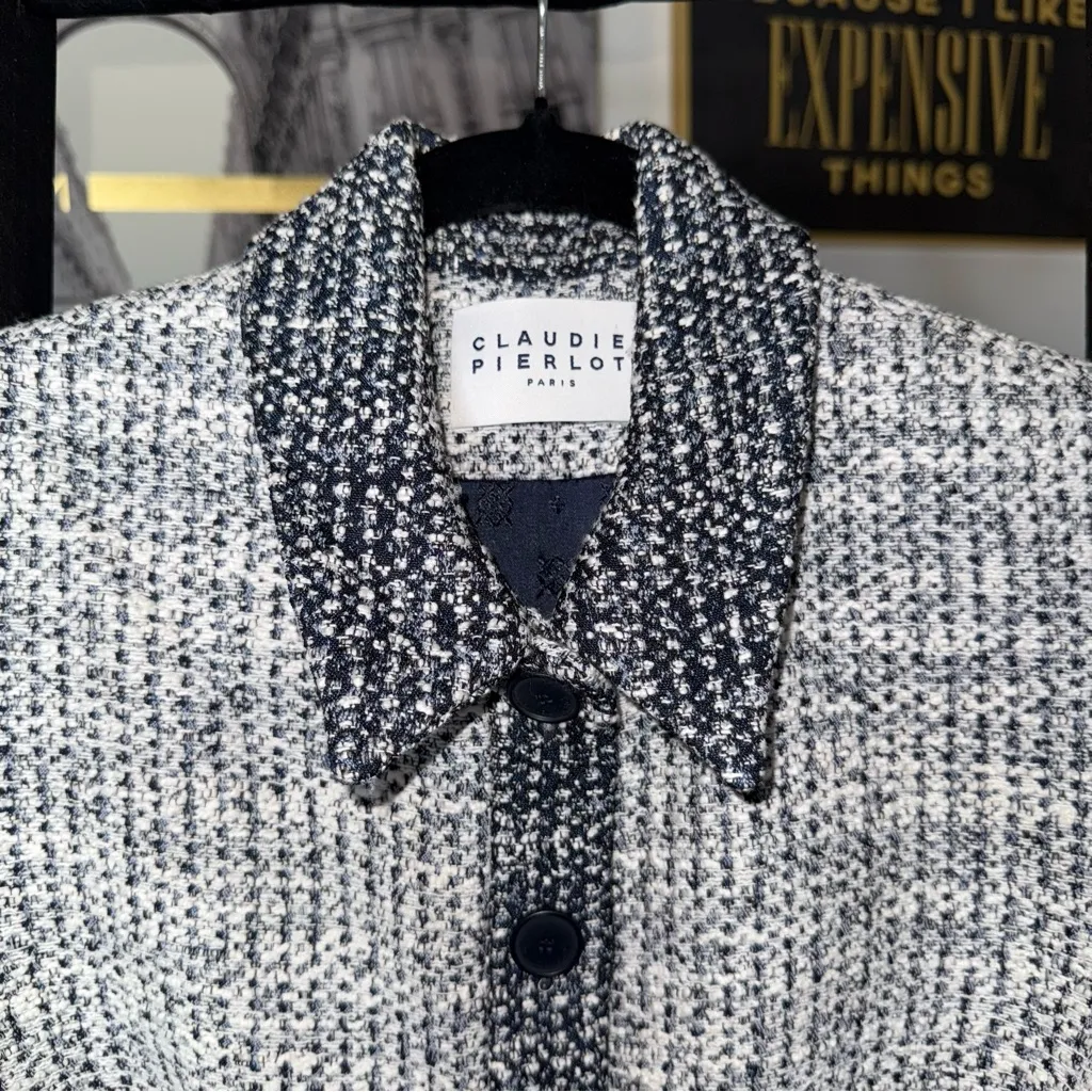 Claudie Pierlot Navy Tweed Short Sleeve Button Front Mini Dress 4 Preppy Blue - Image 14