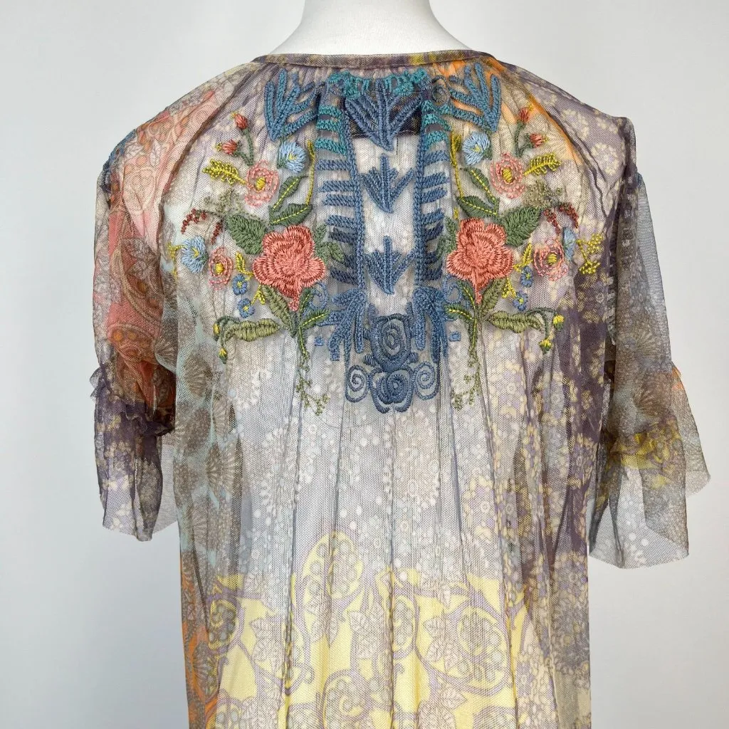 NWOT Johnny Was Biya Sheer Mesh Tiered Embroidered Ruffles Midi Dress Size S - Image 7