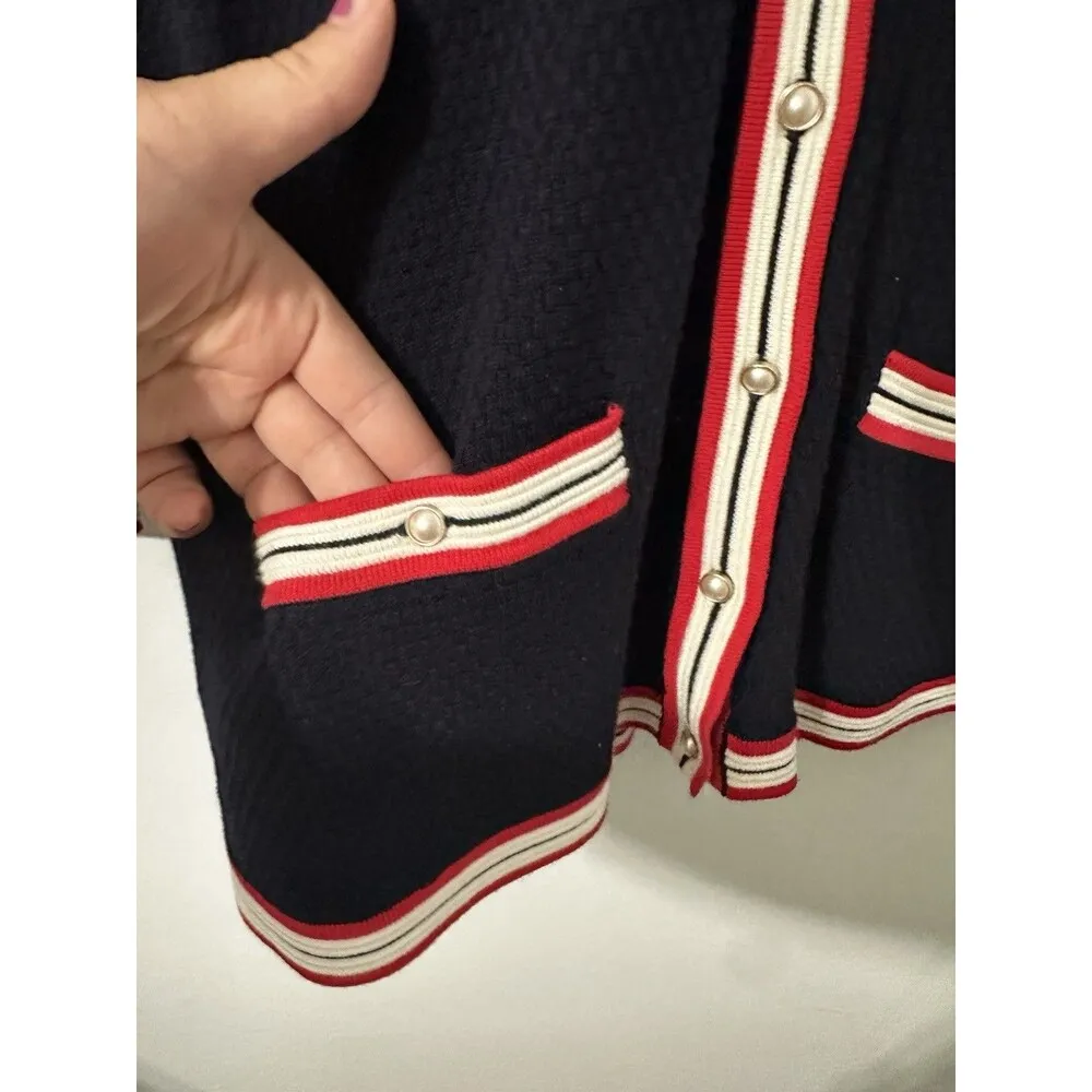 TALBOTS PETITE Medium Navy Blue Red Textured Knit Pearl Cap Button Cardigan - Image 9