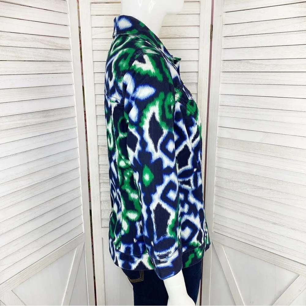Chico’s Floral Ikat Stretch Cotton Jacket Blue Green Small 3/4 Sleeve - Image 3