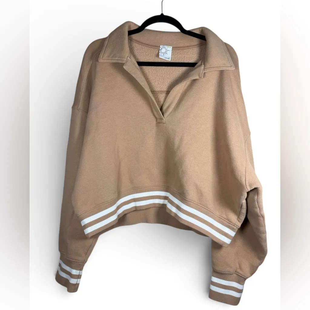 Aerie Cloud Fleece Polo Sweatshirt Beach Dune Tan Preppy Large Crop - Image 3