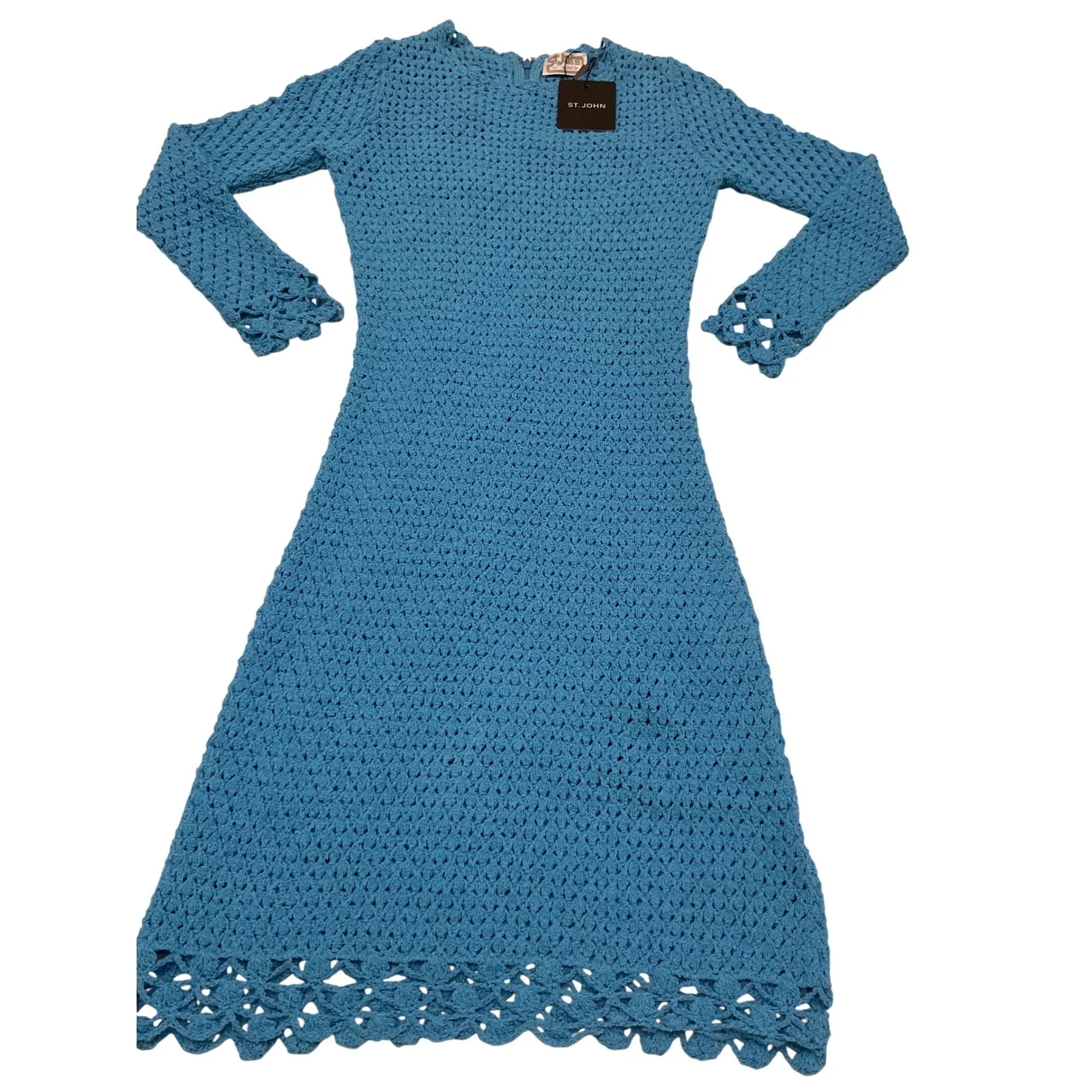 St John Blue Crochet Knit Long Sleeve Dress XS $1195 - Image 10