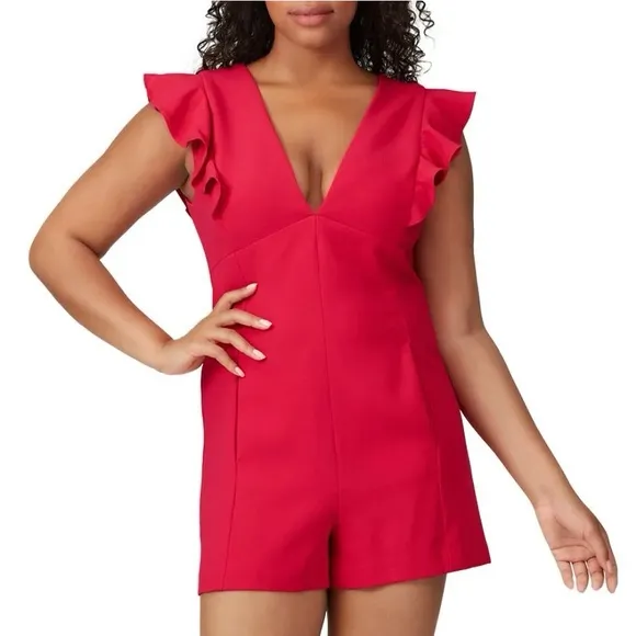 Black Halo Scarlet Dark Pink Red V-Neck Ruffle Deklyn Romper Size 0 XXS XS - Image 2