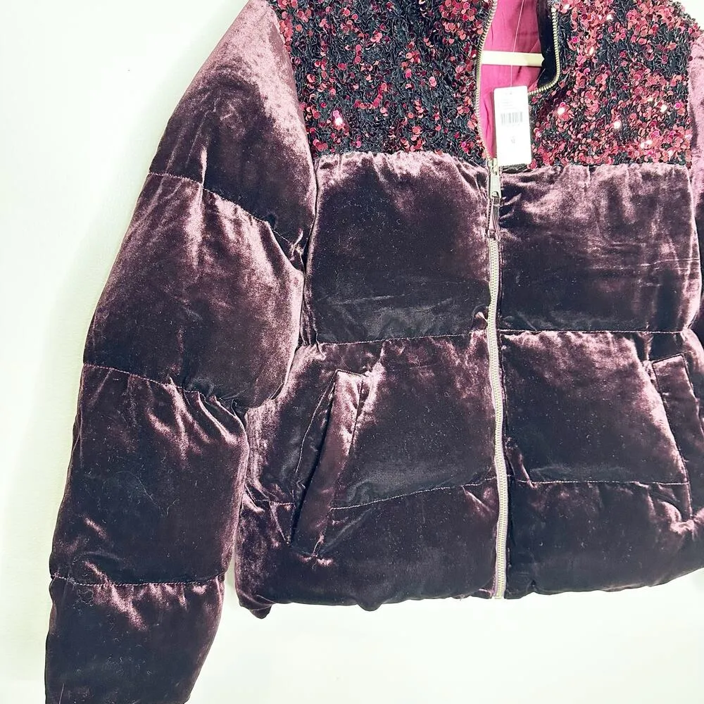 Maeve Anthropologie Womens Vera Puffer Jacket Sequined Velvet Purple Medium NEW - Image 5