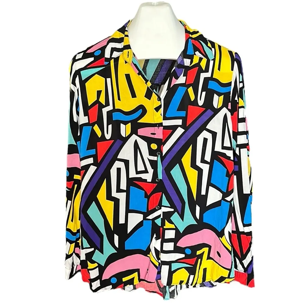 Big Dart Abstract Art long sleeve button down blouse Yellow Size XL - Image 4
