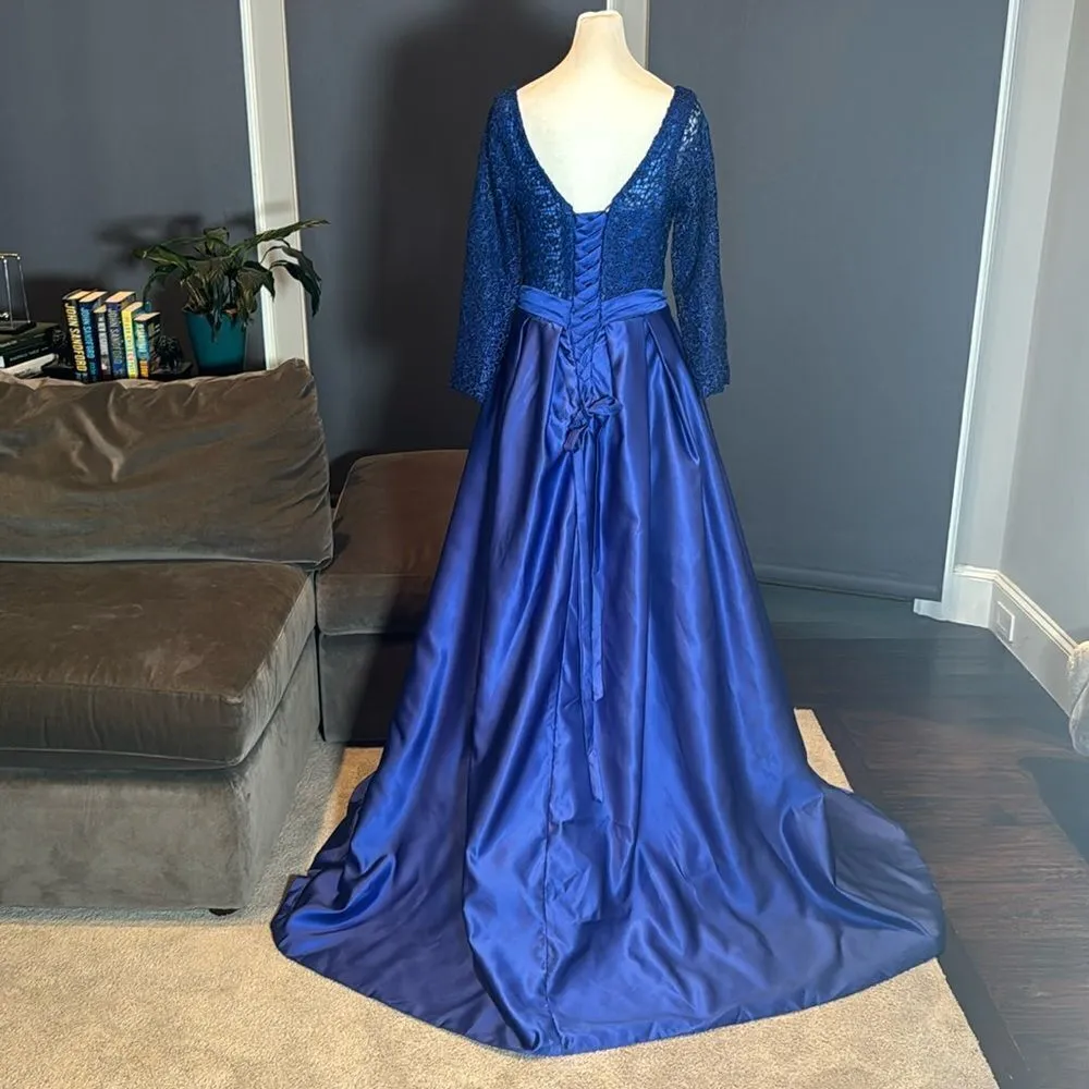 Women’s Blue Full Length 3/4 Sleeve Sparkly Sheer Bodice Dress Leg Slit Size 6 - Image 6