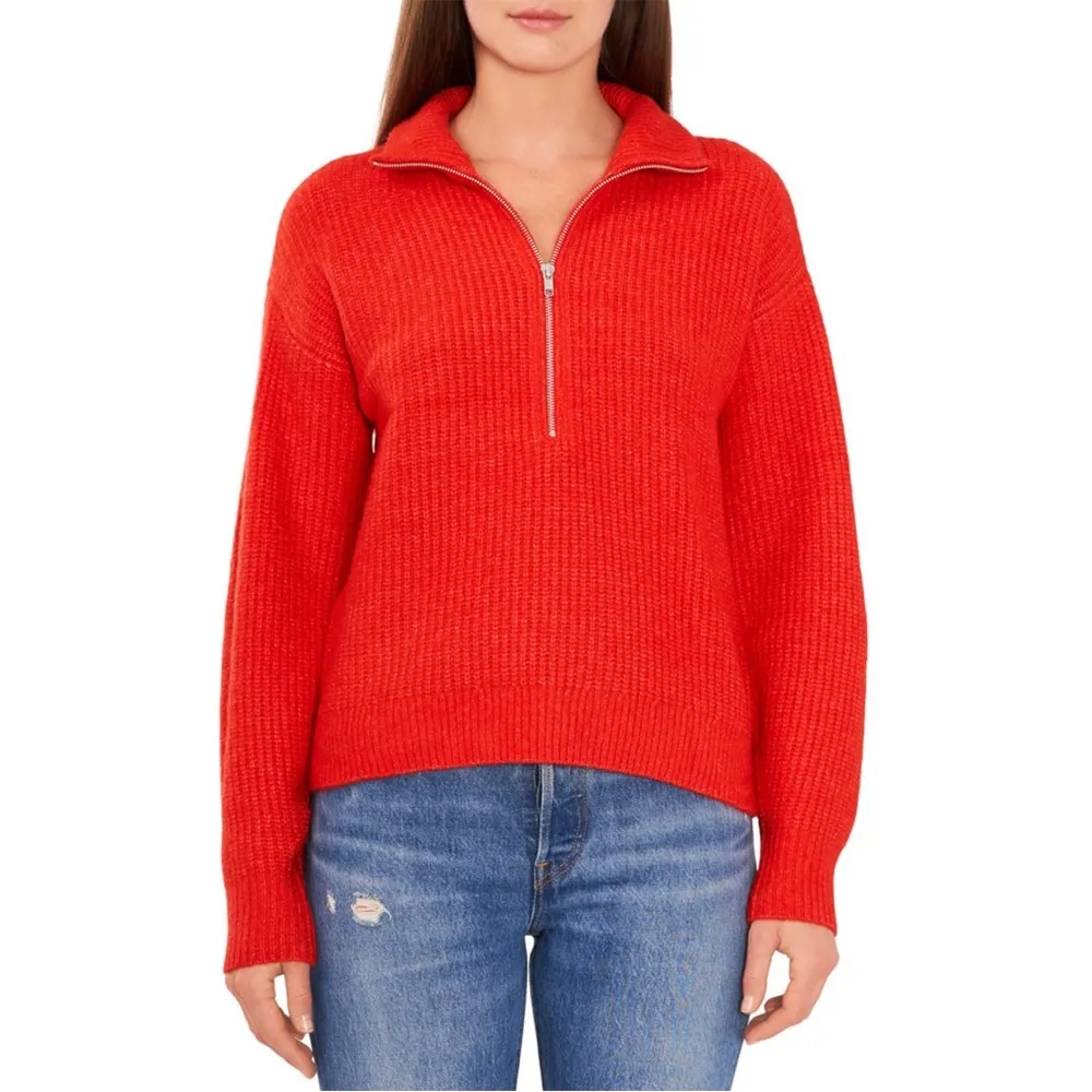 Red Cozy Vince Camuto Sweater Crossfire Acrylic Zip Neck - Image 2