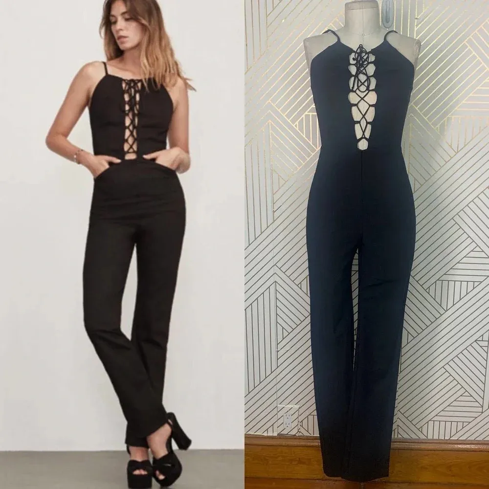 Reformation Sophie Lace‎ Up Sleeveless Ponte Jumpsuit Black Size 2 - Image 2