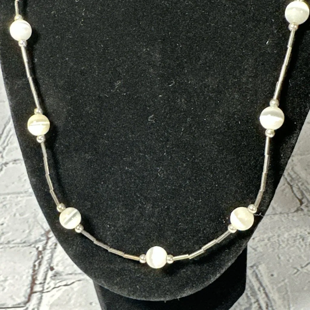 Vintage Silver Tube Bead Round White Cat Eye Glass Bead Necklace And Bracelet - Image 4