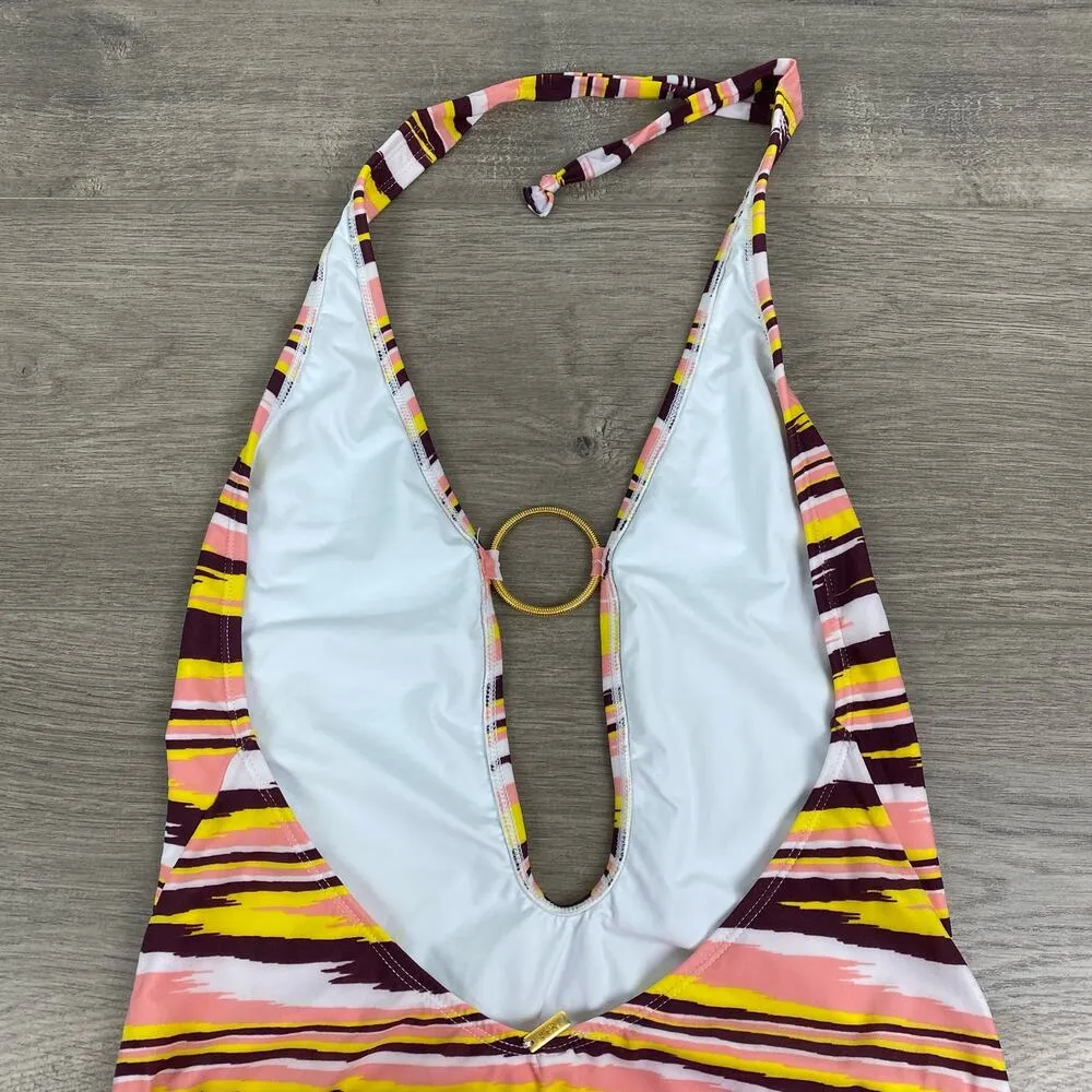 VIX by Paula Hermanny Brown&Yellow Watercolor Stripe Deep Plunge One Piece Sz.L Brown Size L - Image 6