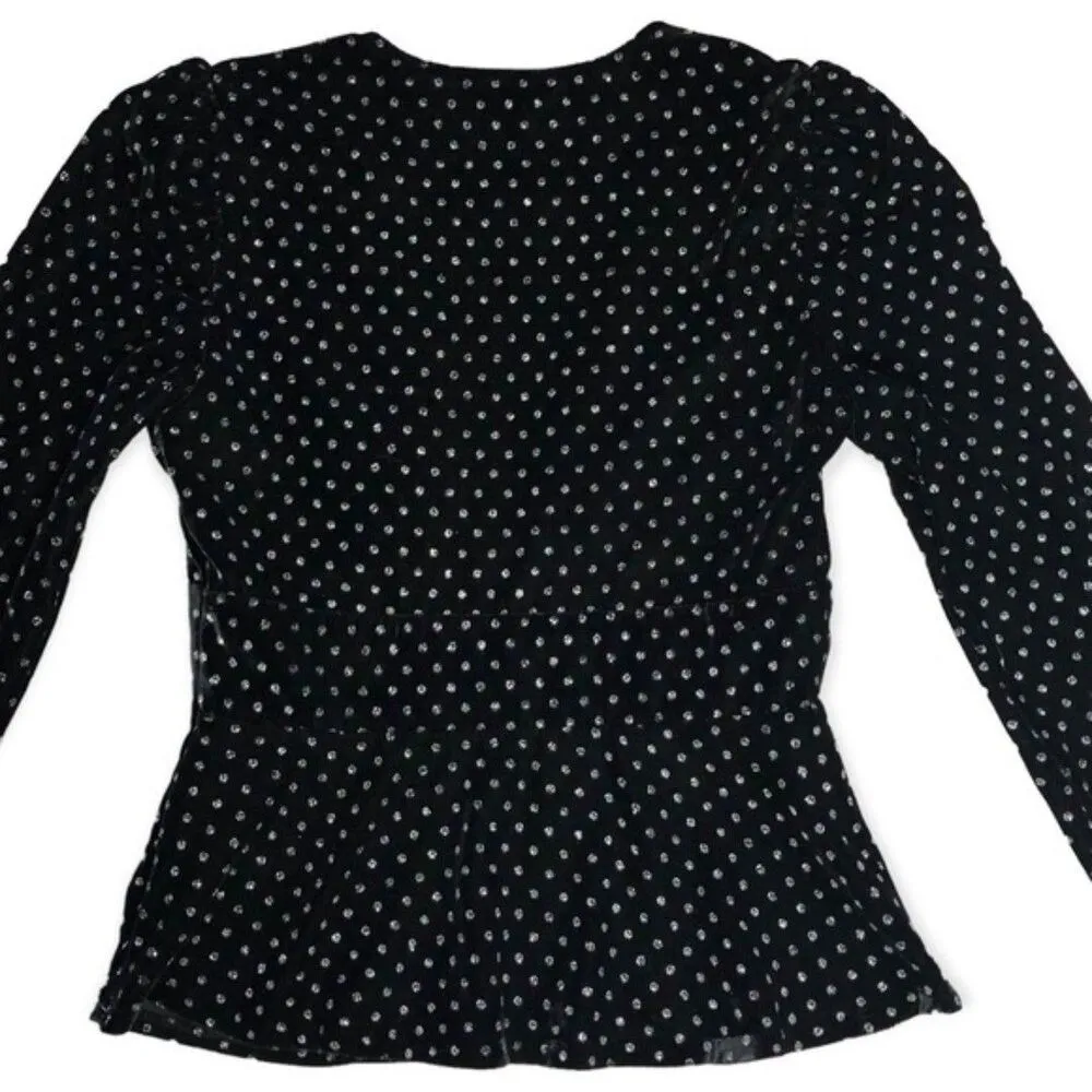 Express Velvet Deep V-neck Metallic Polka Dots Long Sleeve Peplum Top - Image 5