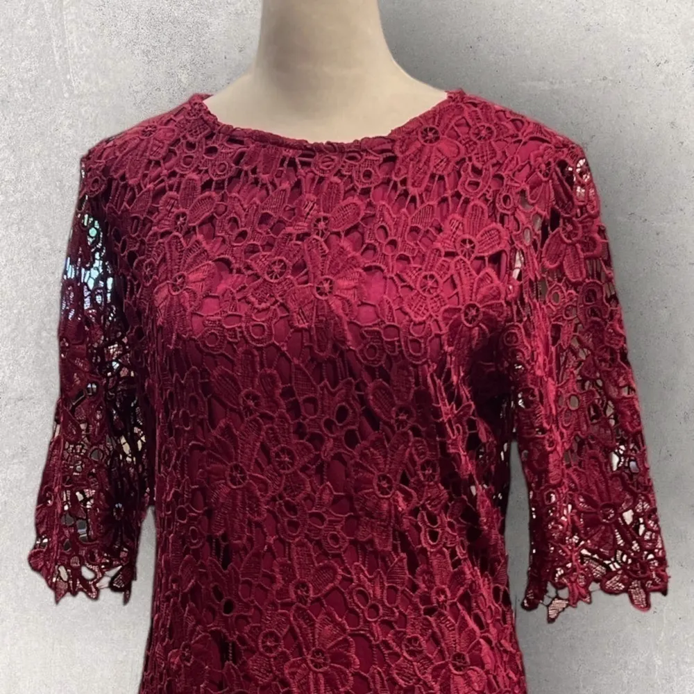 Nina‎ Leonard Jewel Neck Lace Dress Sangria NWT Size M - Image 5