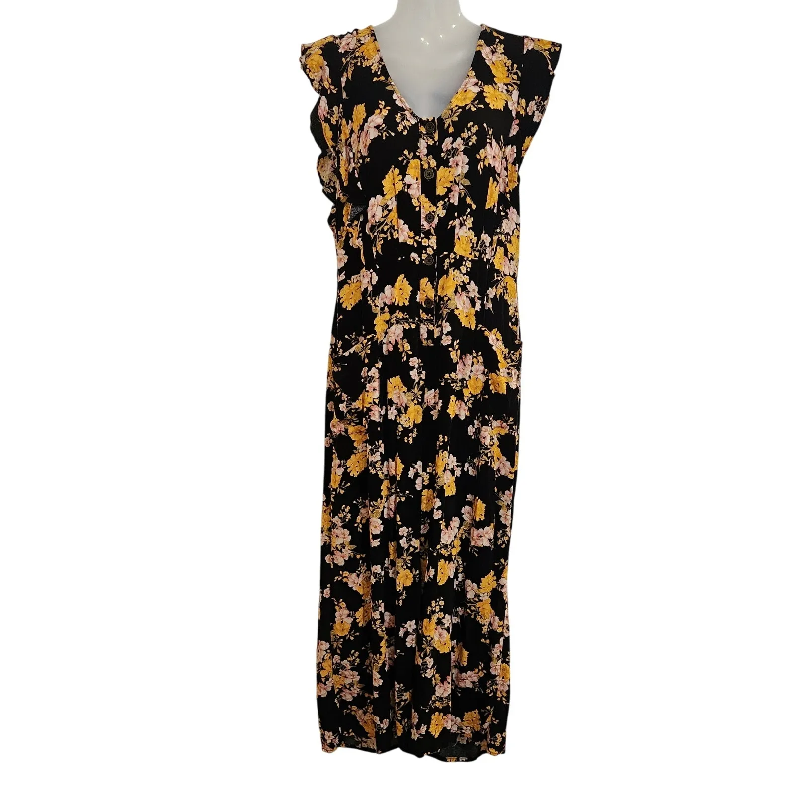 Xhilaration Flutter Sleeve Floral Jumpsuit V-Neck Black Yellow Size Large - Image 2