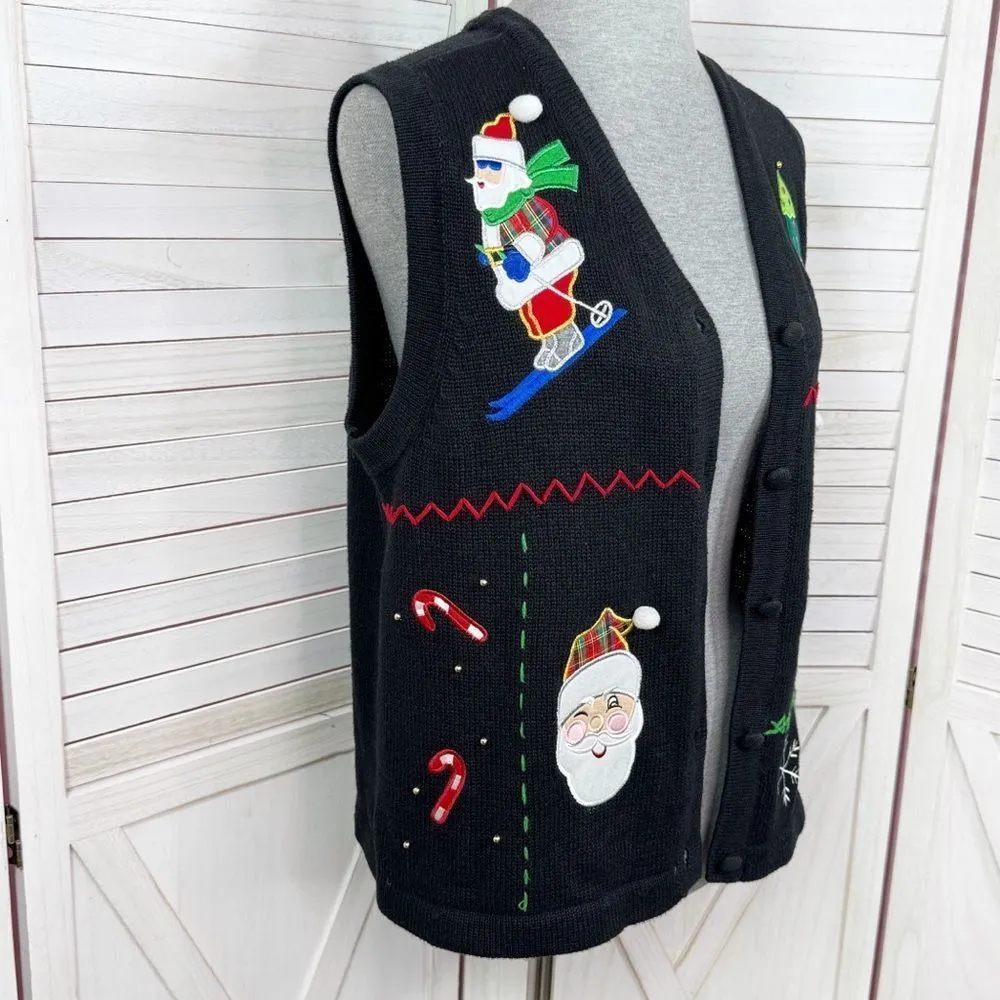 Bechamel Vintage Santa Ugly Christmas Sweater Vest V Neck Button Black Medium - Image 3