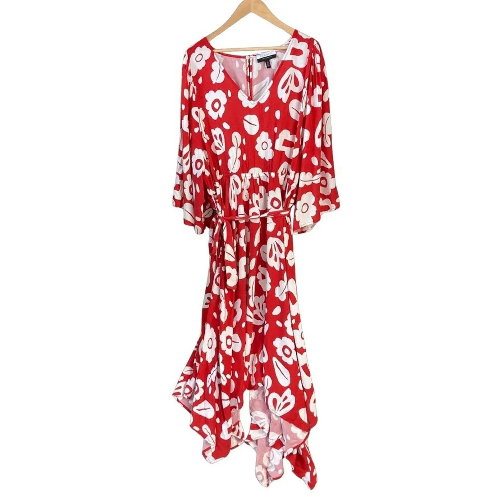 Eloquii Dress New Plus Sz 22 Bold Floral Short Sleeve Red Asymmetrical Hem - Image 4