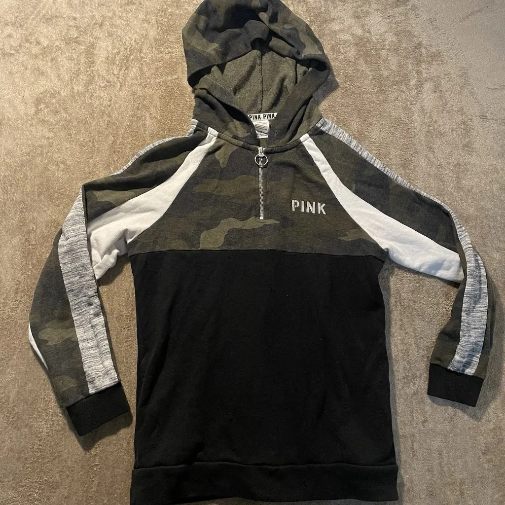 VICTORIA'S SECRET PINK Hoodie XS Campus Half Zip Fleece Pullover Black Camo - Image 2