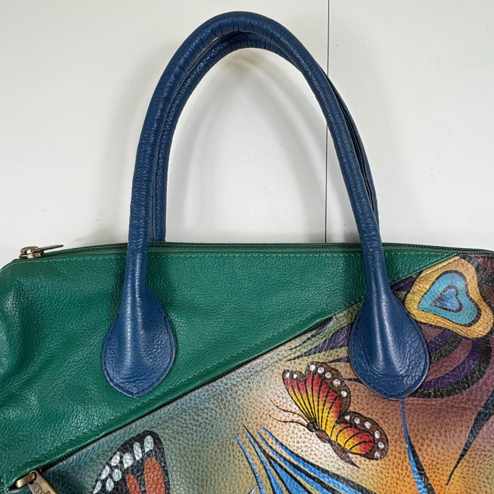 Anuschka Hand Painted Leather Shoulder Bag Butterfly Floral Satchel Tote - Image 3