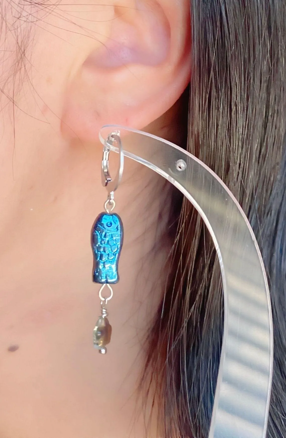 Handmade quality Czech glass beads fish/srars dangle earrings💚⭐️🐟💕  - Image 5