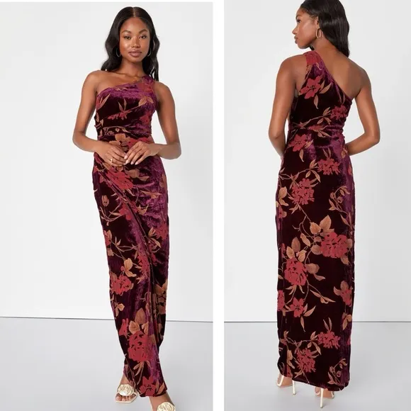 Lulus Unreal Awe Burgundy Floral Burnout Velvet One-Shoulder Dress size medium - Image 2