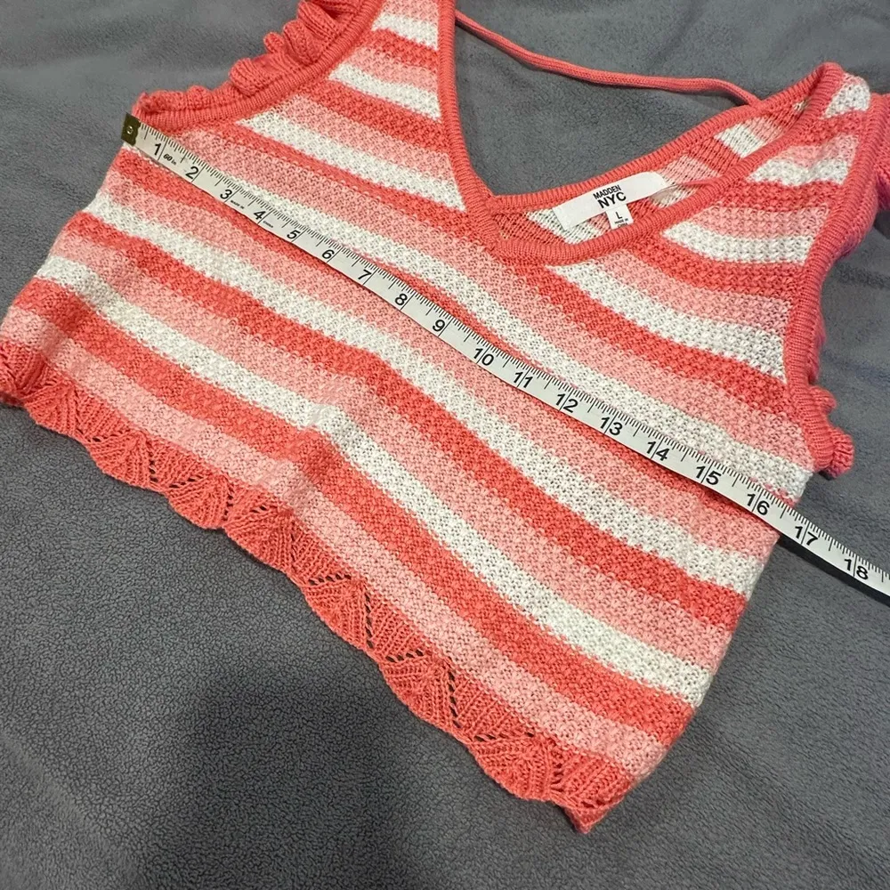 NWOT Steve Madden Crochet Cropped Top Large Striped Coral & White Cap Sleeve - Image 3
