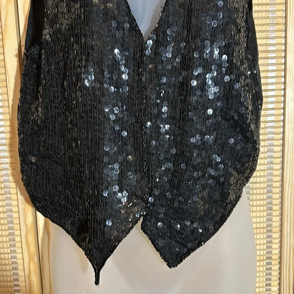 Vintage Cee Cee 1990s Y2K Black Sequin Sparkle Silk Cropped Vest Small - Image 7