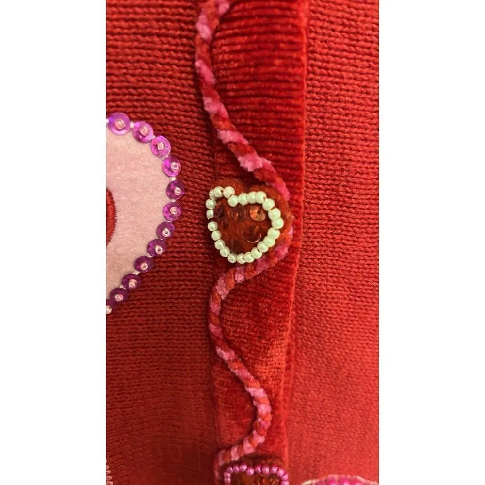 The Quacker Factory Valentine Cardigan Sweater Beaded Hearts Red/Pink Medium - Image 9