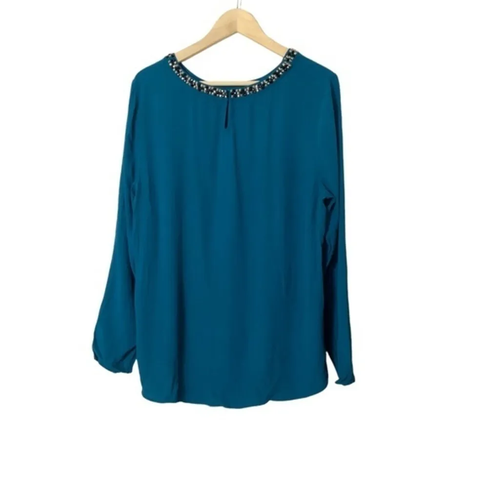 Gap jeweled blue green neck long sleeve‎ crepey blouse Large city girl - Image 2